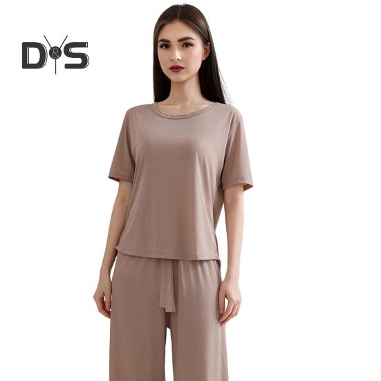 Women's Summer Pajama Set Round Neck Short Sleeve Top And Pants Sleepwear Set Casual Loose Two Piece Lounge Set