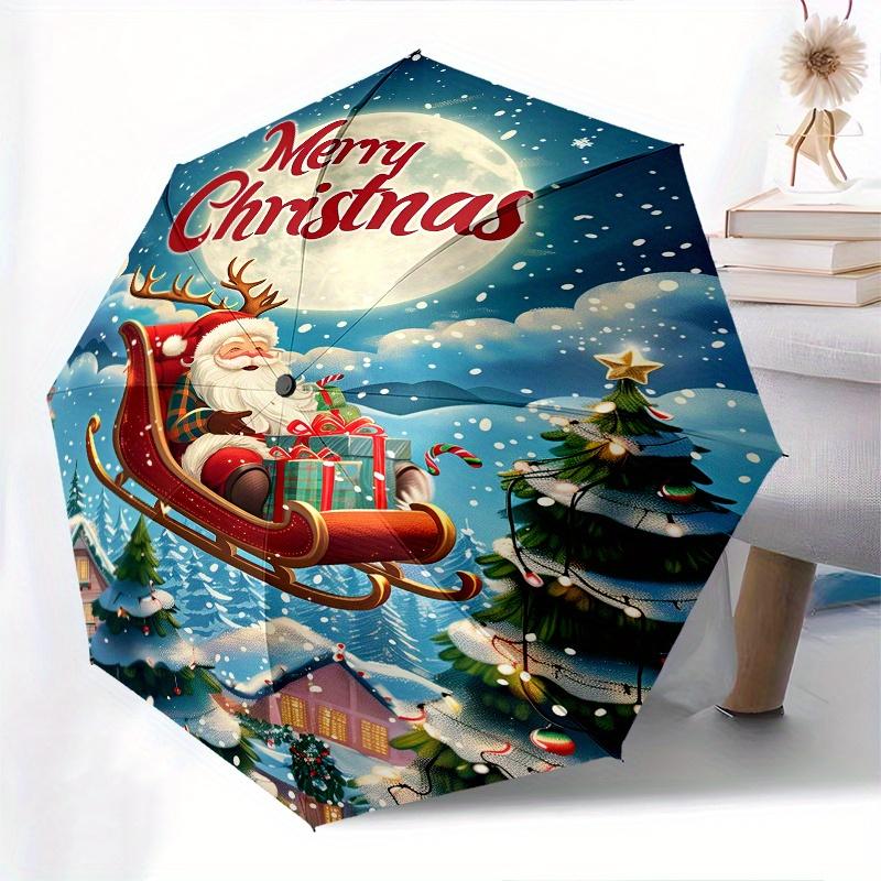 Santa Claus, Christmas Sleigh Theme 8 Bone Hand Automatic Folding Umbrella, Compact and Portable Design, A Perfect Gift for Birthday, Christ
