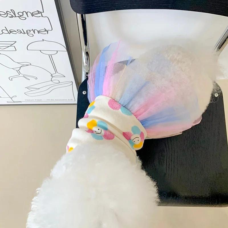 Summer Thin Pet Princess Dress Dog and Cat Rainbow Mesh Patchwork Cute Dress Dog Clothing