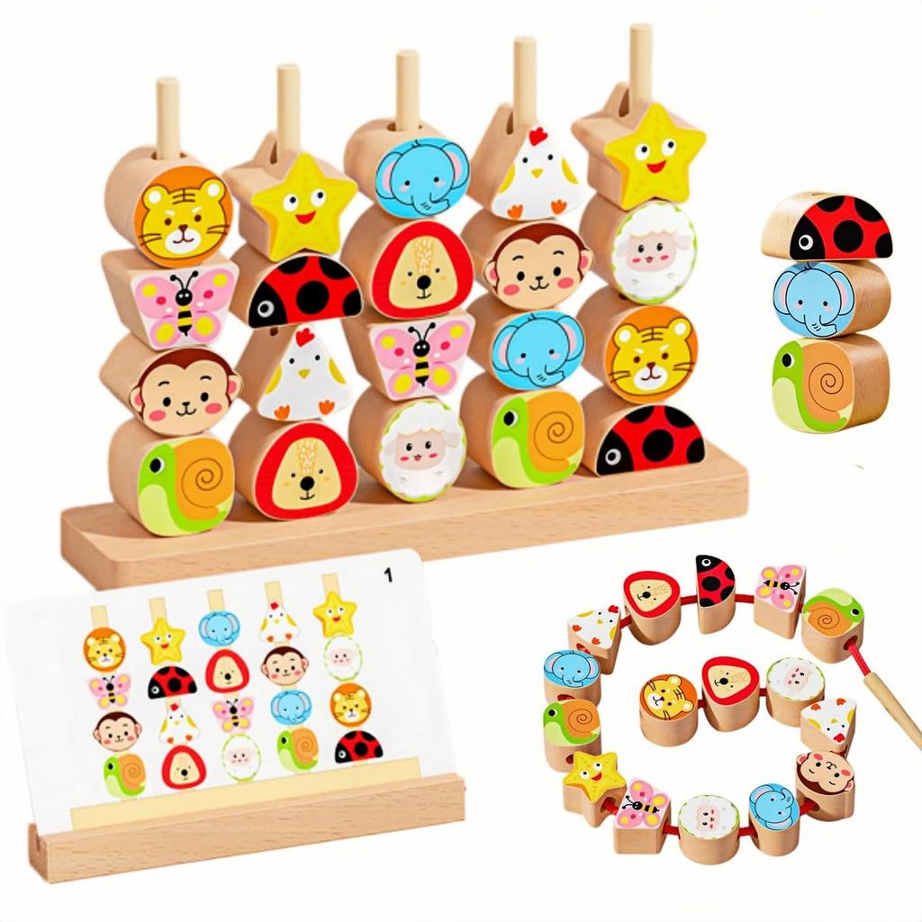 KeyAngel Montessori Toy Educational Toy Stringing Toy Stringing Rods Early Development Finger Training Animal Recognition Shape Recognition Game Card