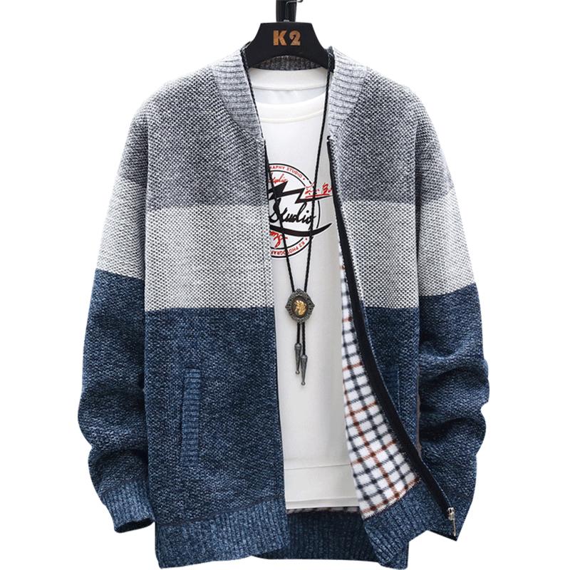 Herbst Winter Strickjacke Pullover Männer Fleece Zipper Pullover Samt Kontrast Gestreiften Pullover Mäntel Casual Jacken