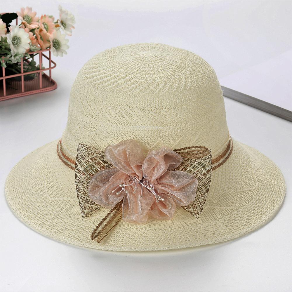 Fashion Sunscreen Beach Hat Casual Sun Cap Bucket Hat Bow Flowers Straw Hat Spring Summer Elegant Foldable Women Wide Brim Hat