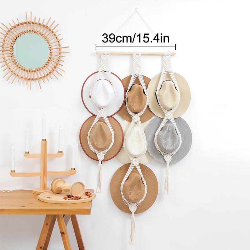 Nordic Boho Cotton Rope Hanging Hat Organizer Display Rack Cap Holder Scarf Hanger Macrame Home Wall Decor