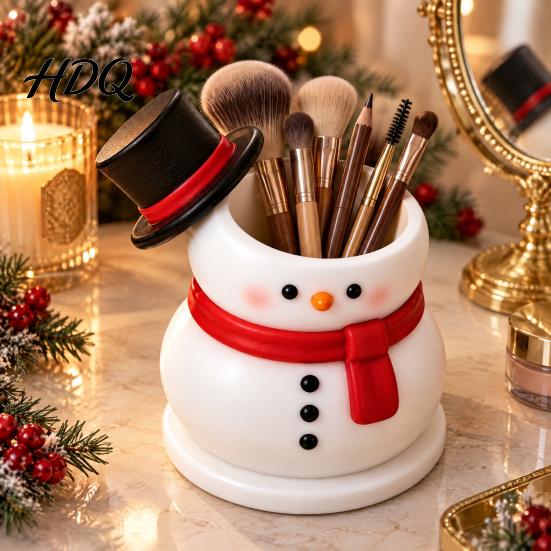 Holiday Home Decoration Cute Snowman Storage Container Durable Resin Makeup Brush Holder Entryway Key Tray Decorative Pen Holder for Office Tabletop