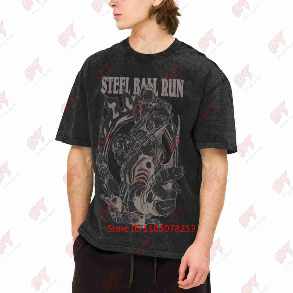Steel Ball Running Pattern Y2K Retro Streetwear Vintage Washed Tee Pure Cotton T-Shirt