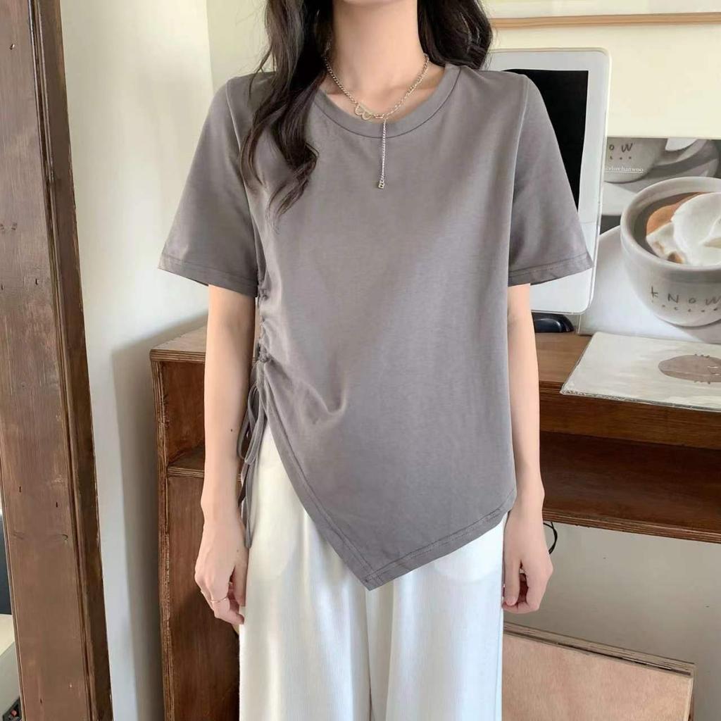 Summer Irregular Drawstring Trimming Thin Waist Short-sleeved T-shirt Spice Girl Sexy Versatile Pure Desire Wind Niche Top Ins