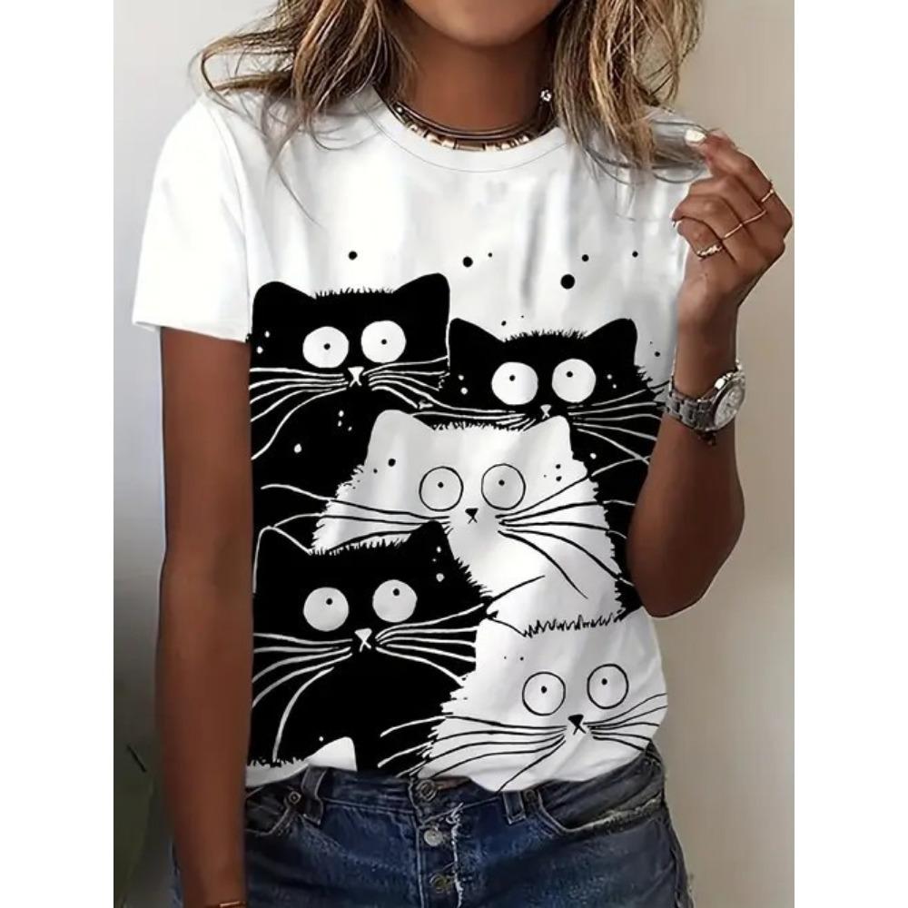 Funny Cat T-Shirts Animal 3D Print Women O-Neck Short Sleeves T Shirt Streetwear Y2k Tees Tops Female Clothing