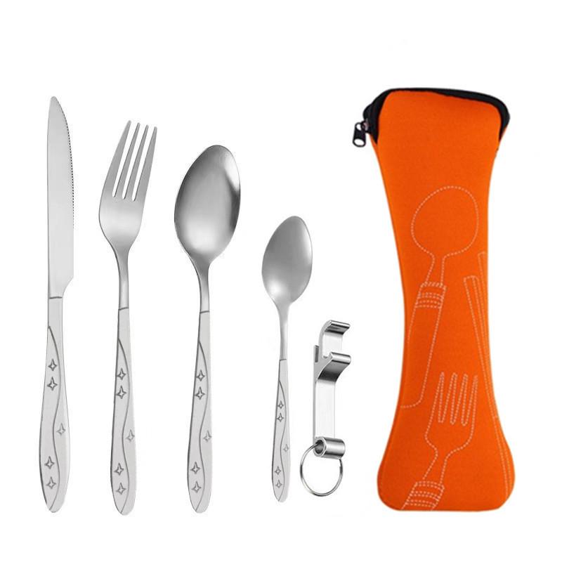 Tragbares Edelstahl-Besteckset - 5-teiliges Reisebesteck mit Messer, Gabel, Löffel und kleinem Löffel für Camping & Outdoor