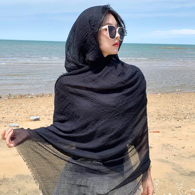 Einfarbiger Beiger Leinen-Schal für Damen im Sommer, Dünne Koreanische Version, Lang und Vielseitig, Sonnenschutz-Schal black