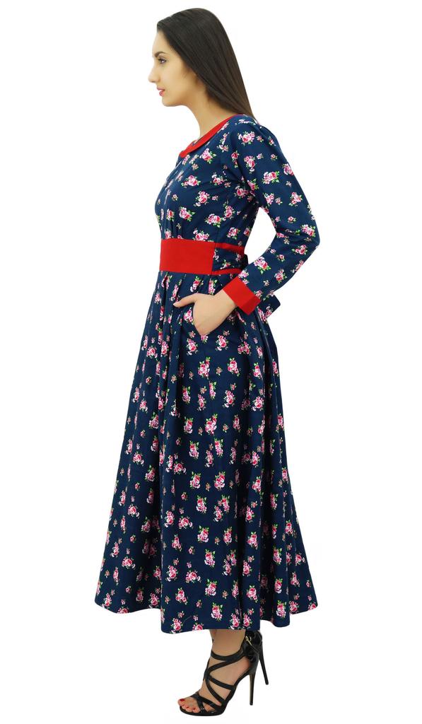 Bimba Women's Cotton Maxi Dresses Floral Print Round Neck Long Sleeve