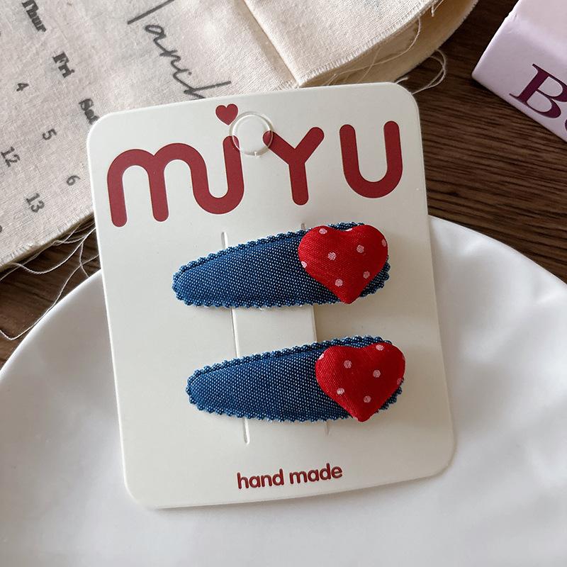 

2pcs Children s Fabric Red Blue Denim Polka Dot Love Star Water Drop Baby Bb Clip Broken Hair Bangs Clip Hair Accessories