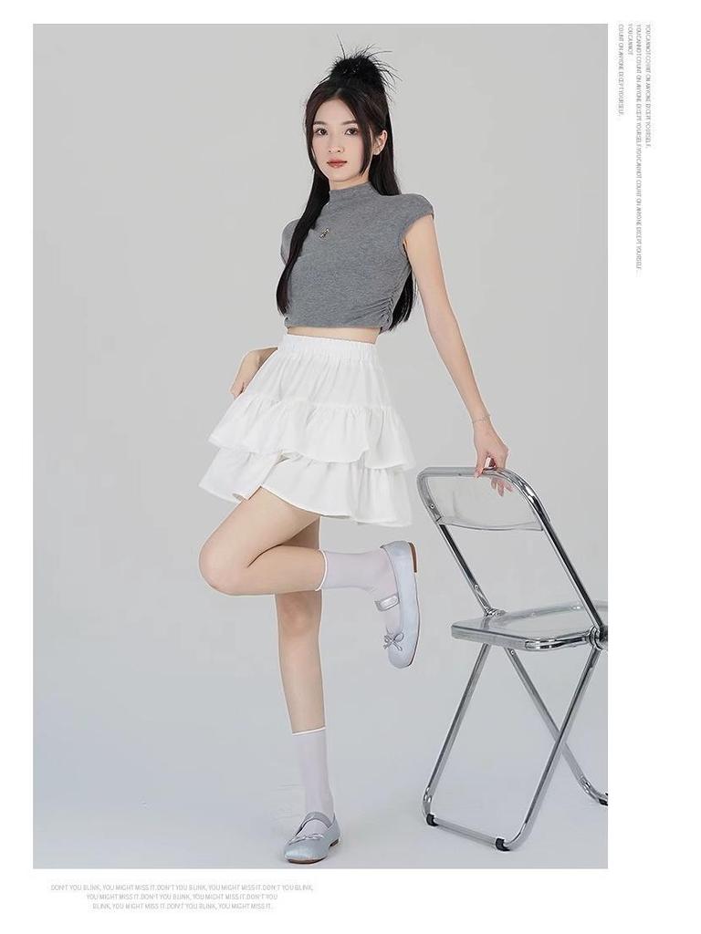 Women's White Ruffle Puff Cake Dress - Ballet Style, High Waist, Petite A-Line Midi Skirt