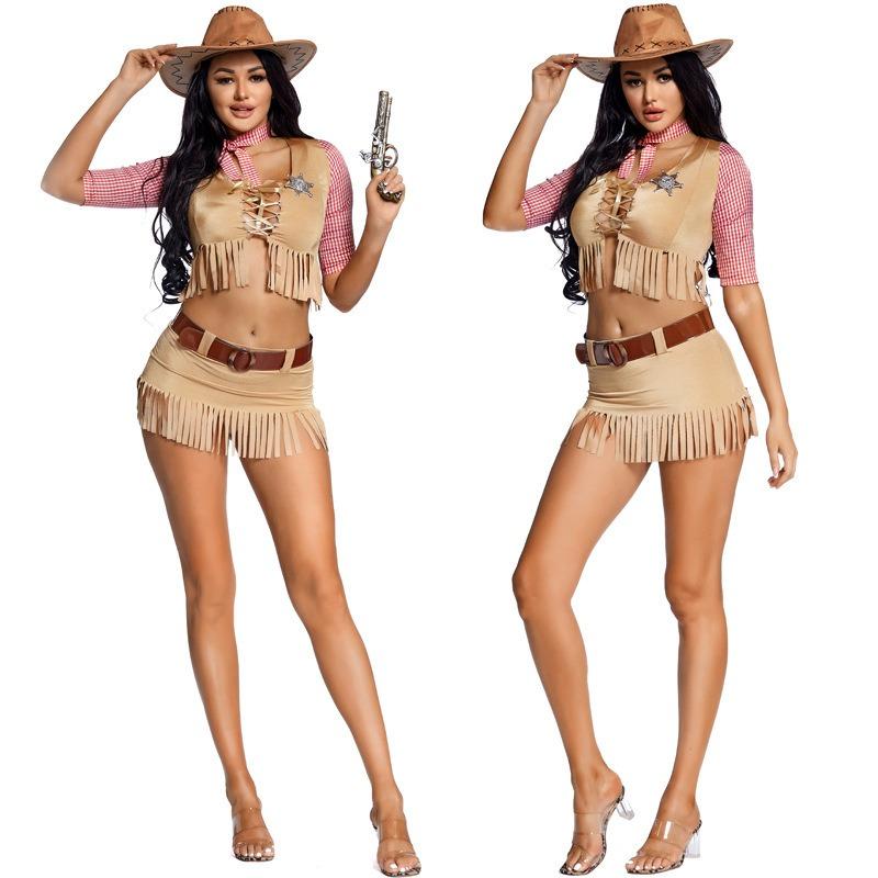 ZHEZHE Sexy Costume da Cowboy Western per Adulti Donne Halloween Carnevale Festa in Maschera Cosplay Pioniere Americano Antico Uniforme