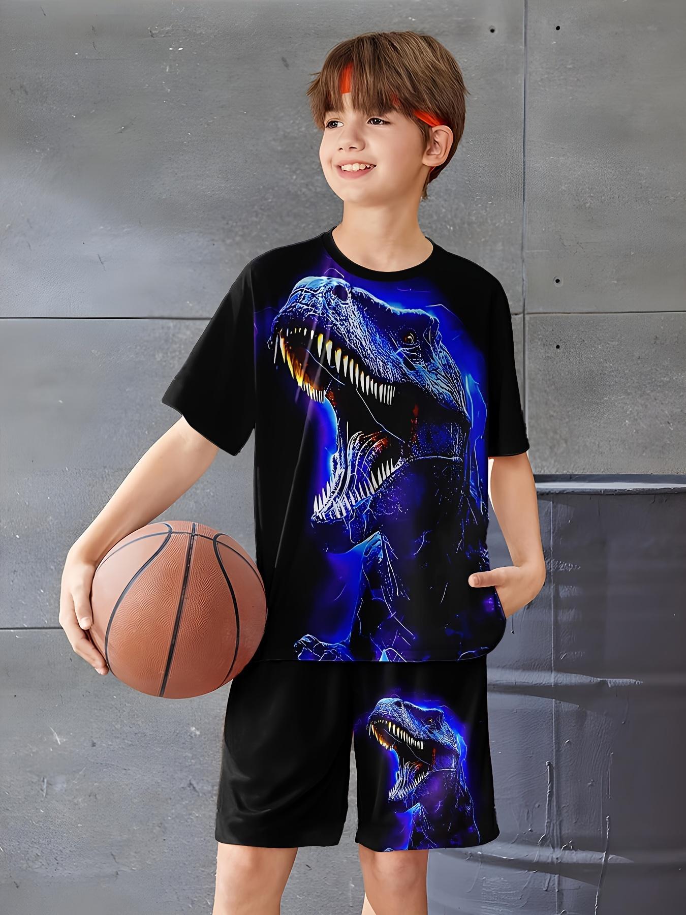 

6pcs Boys Dinosaur 3D Print Casual Outfit Set - Short Sleeve T-Shirt Vibrant Designs, Lightweight Polyester 13-14Y