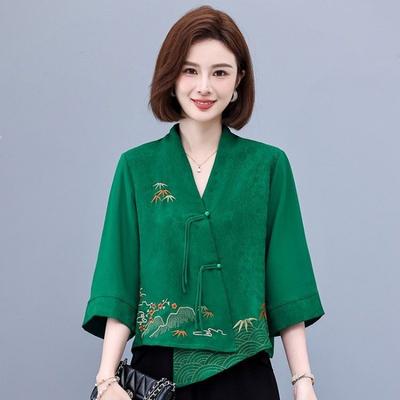 Chinese Embroidered Shirt Women's Loose Coat Three-quarter Top Plant Floral Fashionable Elegant Top