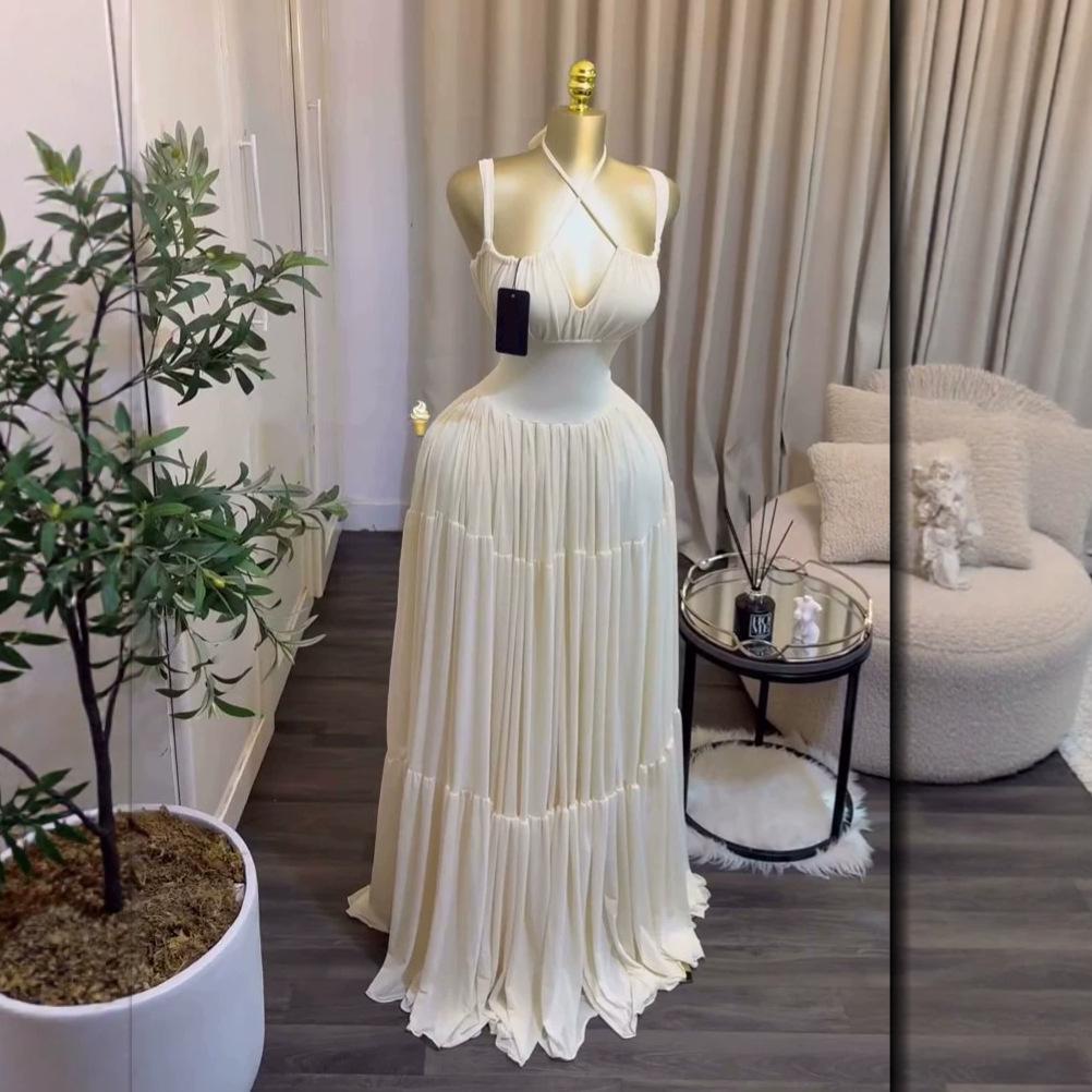 European and American women's clothing summer new sexy temperament pleated seaside vacation style long suspender dress