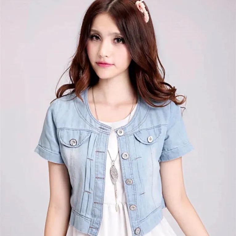 Dame Slim-fit Tynn Denimjakke med Trekvart Ermer i Koreansk Stil, Casual Pluss Størrelse Kort Jakke