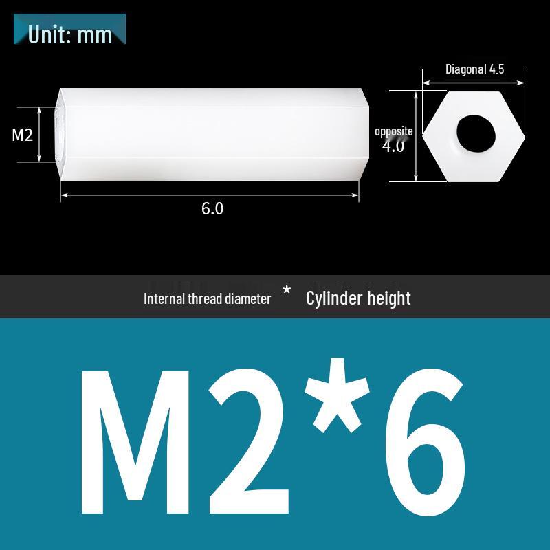 Black & White M2 Nylon Hexagonal Double-Through Standoff Spacer for PC Board Support