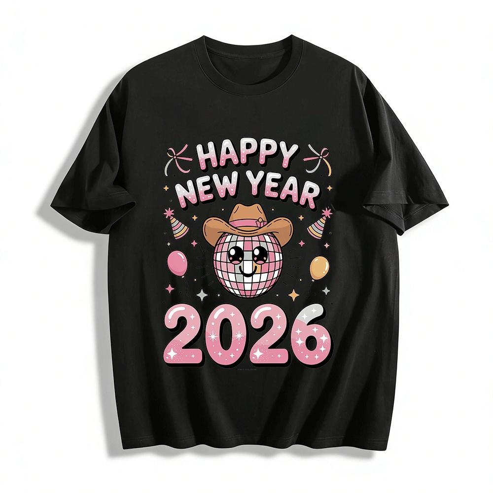 2026 Happy New Year Pink Disco Ball Western Style Party Top Pure cotton T-shirt XXS