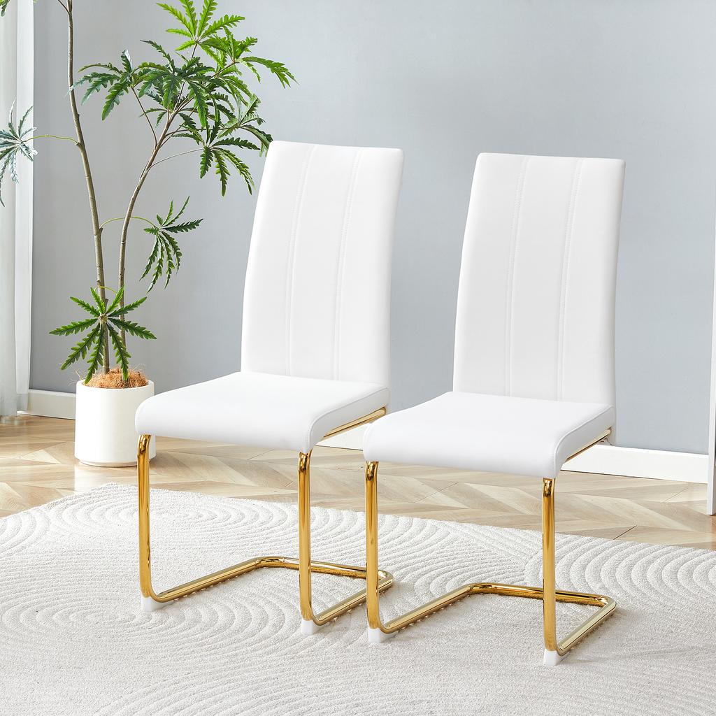 White Dining Chair made of PU Leather, Stable Metal Frame with Gold Look – Elegant Chair for Dining Room & Living Room
