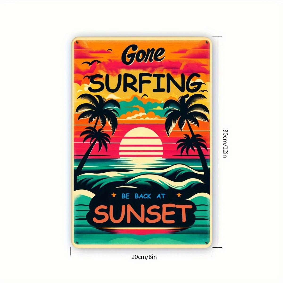 

1pc Vintage Surfing Sunset Metal Tin Sign - Retro Beach Wall Art with Vibrant Sunset & Palm Trees, Fun Summer Home Decor 20x30cm（7.8x11.8inch）