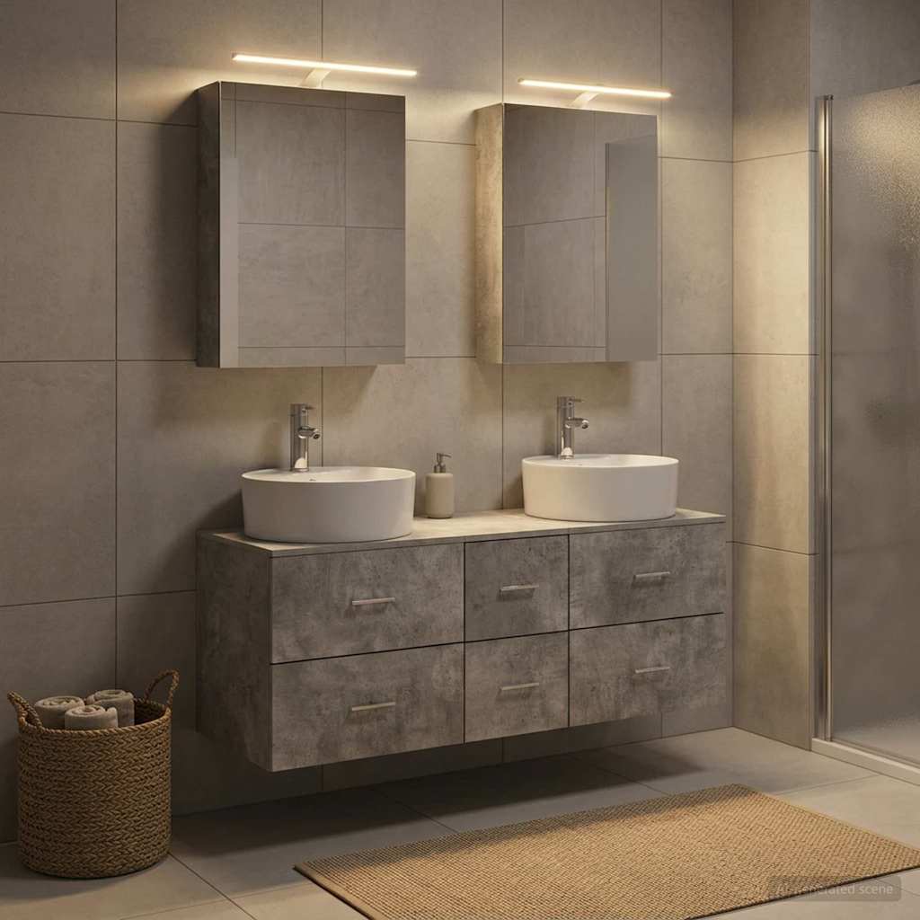 5 Piece Bathroom Furniture Set Concrete Grey Engineered Wood and Glass