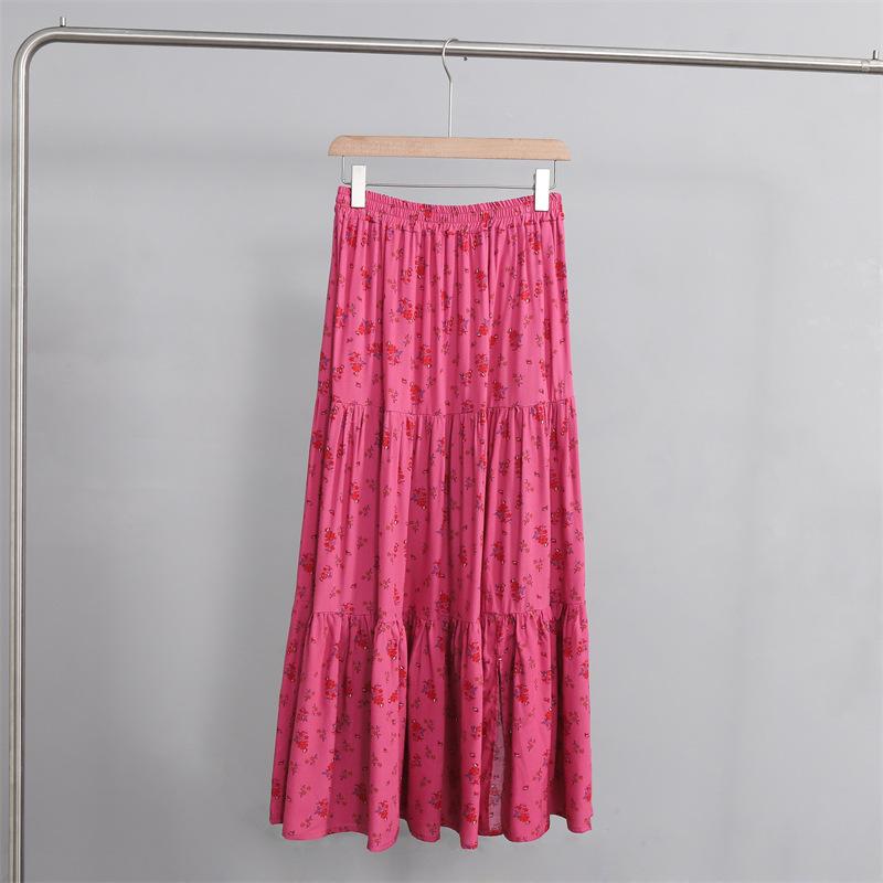 2025 Summer Floral Cotton-Silk Midi Skirt: Slimming, Thin Rayon Cardigan, Long Cake Skirt for Women.