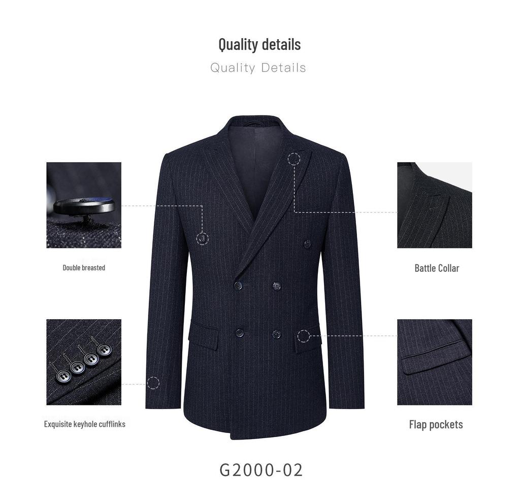 Men's Slim Fit Double-Breasted Gray Striped Suit - British Style Business Casual/Formal Tuxedo for Groom or Wedding.