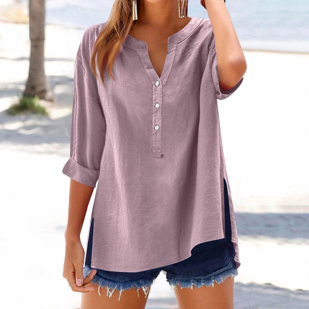Women's Casual V-Neck Button Down Shirt Solid Color Long Sleeve Hem Split Cotton Blouse