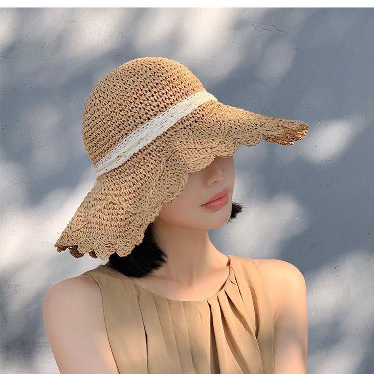 Lace Straw Sun Hat Children's Large Brim Summer Breathable Straw Hat Seaside Full Face Shading Sun Protection Hat Tide