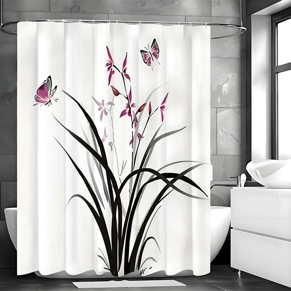 Chinesische Tuschemalerei Orchidee Schmetterling Duschvorhang, Dekorative Duschvorhänge für das Badezimmer, Wasserdichter Duschvorhang mit Haken