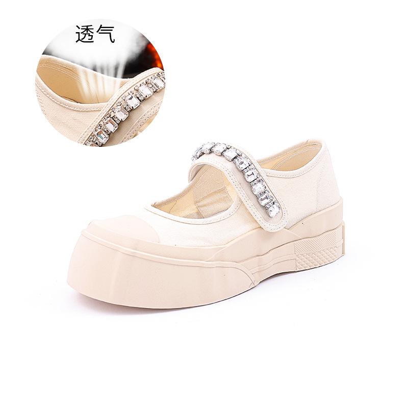 

Холщовые сандалии со стразами женские 2025 лето новые сандалии Мэри Джейн на липучках с большой головкой на плоской подошве маленькие ароматные сандалии 40 бежевый