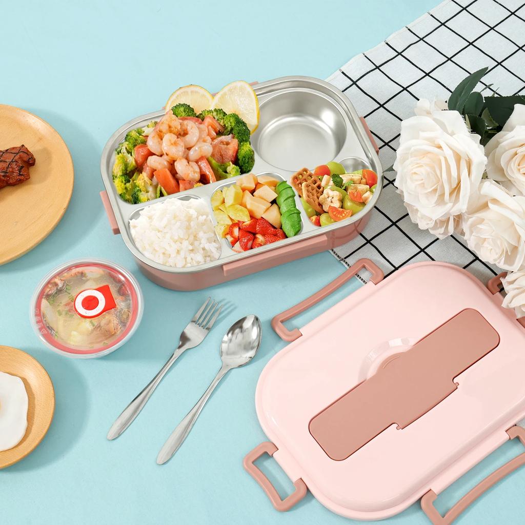 Food Container with Soup Bowl Spoon and Fork Large Capacity Food Storage Box with 5 Compartments 304 Stainless Steel Food Box