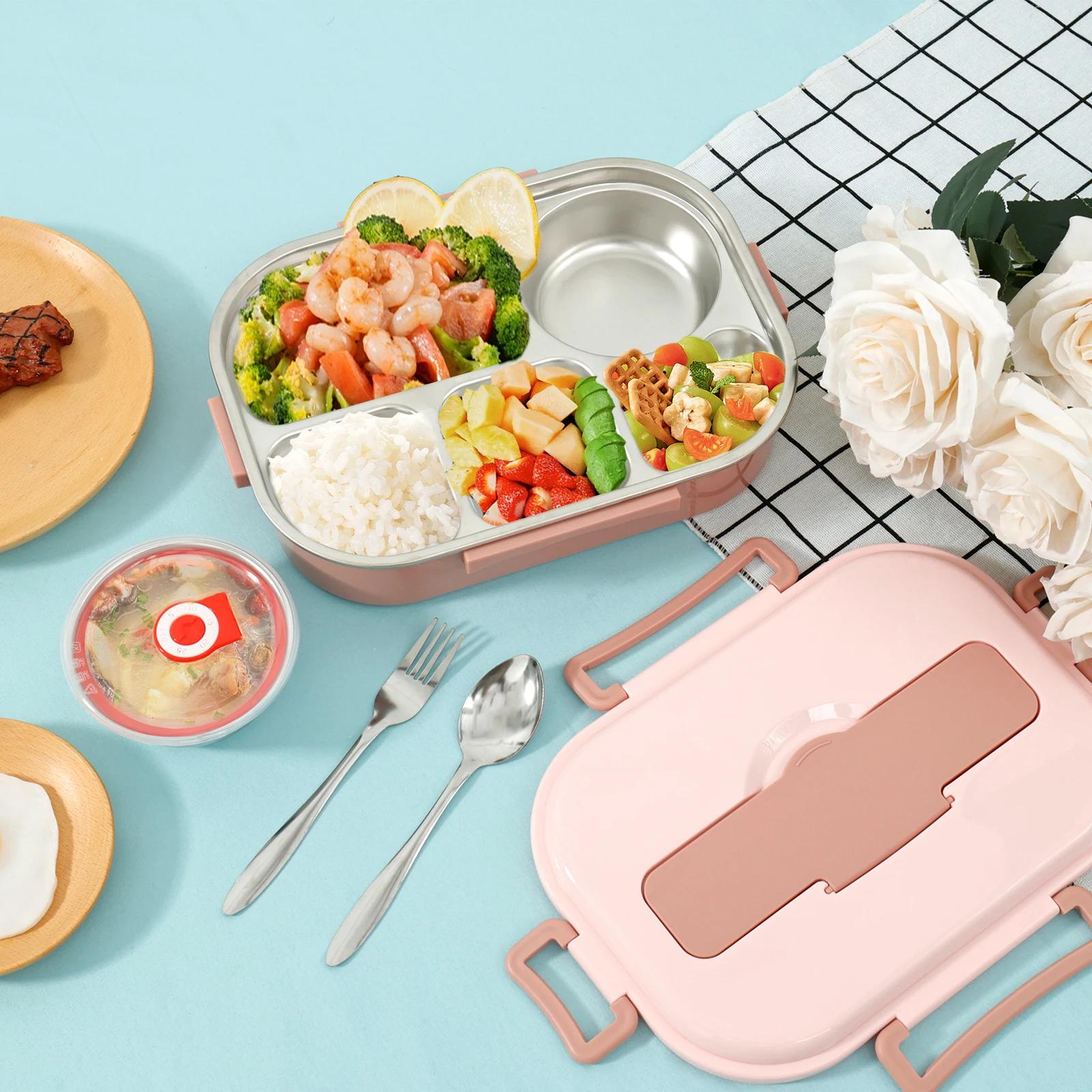 

Food Container with Soup Bowl Spoon and Fork Large Capacity Food Storage Box with 5 Compartments 304 Stainless Steel Food Box розовый