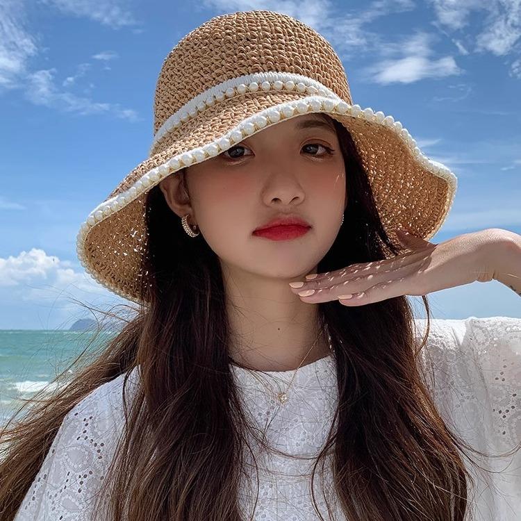 Women's Pearl Trim Straw Bucket Hat Crochet Sun Hat with Beaded Edge Wide Brim UV Protection for Summer Beach & Vacation