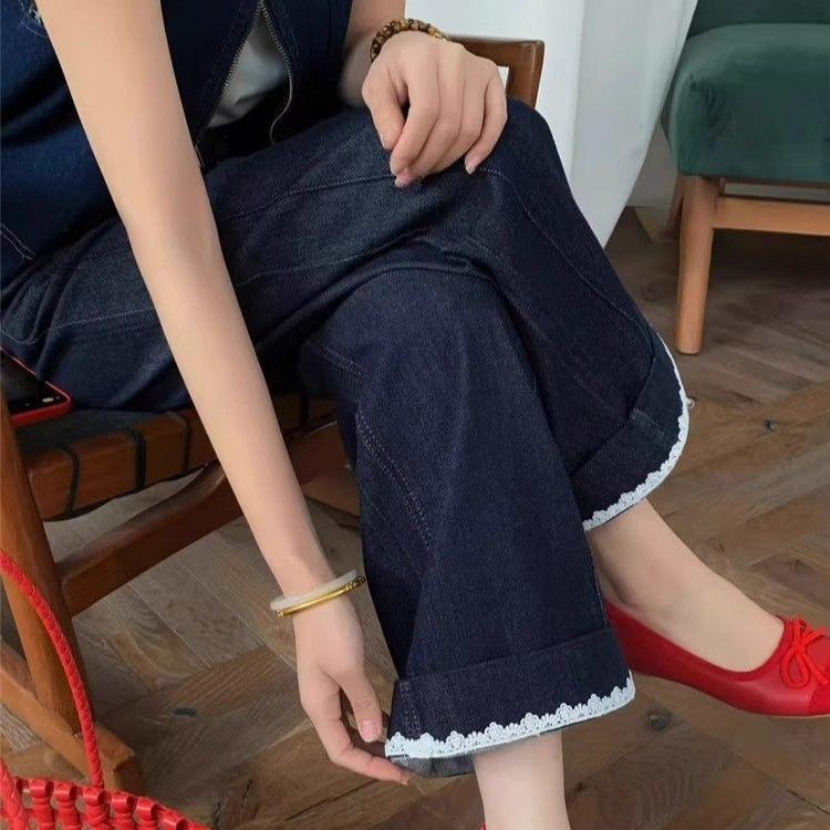 Kadınlar İçin Yazlık Dantelli Yüksek Bel Geniş Paça Kot Pantolonlar Bol ve Zayıf Dokuz Nokta Küçük Çok Yönlü Düz Pantolonlar