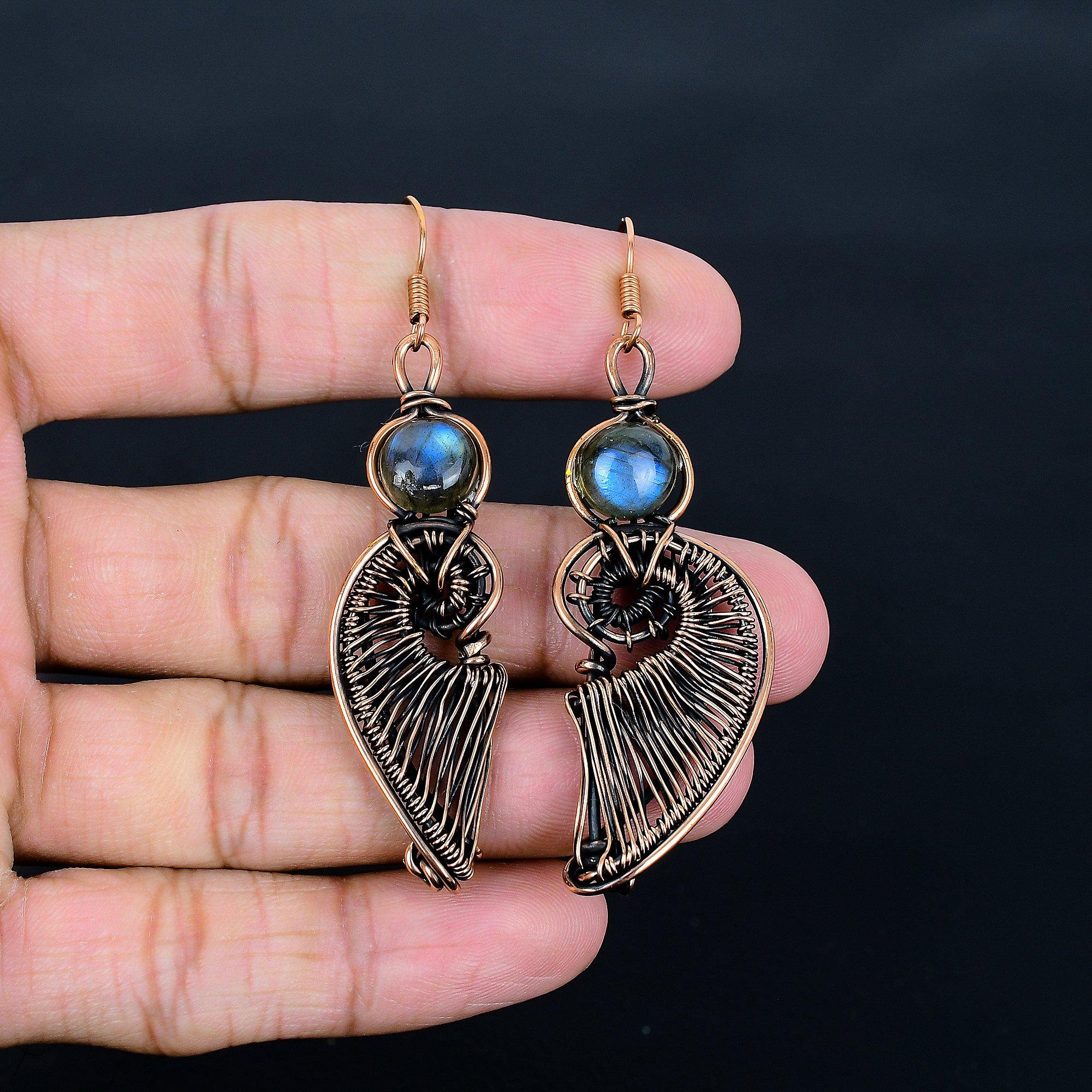 

Серьги из лабрадорита, обернутые медной проволокой 999 пробы, Ювелирные изделия с драгоценными камнями ручной работы, Подарки для жены, Совершенно новые серьги 2.55 Inches