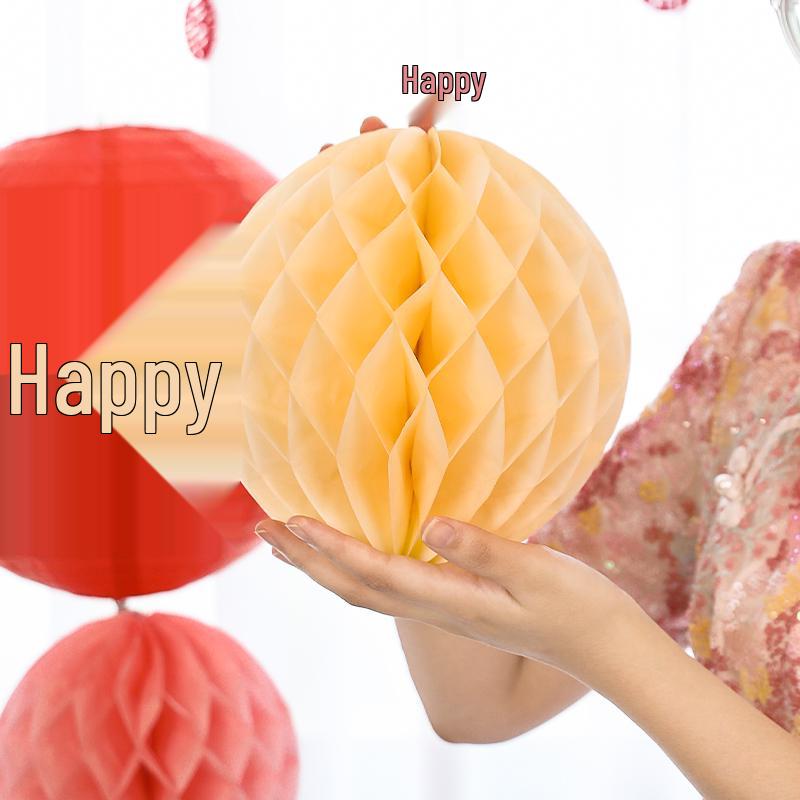 Wedding Double Happiness Garland & Lantern Set with Honeycomb Ball Columns for Background Decor