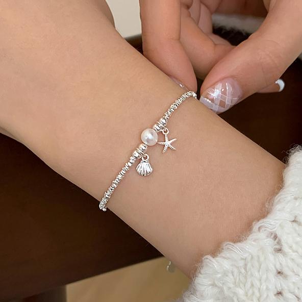PONYKISS Stříbrný náramek s korálky ve tvaru mušle, hvězdice pro ženy Roztomilý jemný minimalistický doplněk na léto