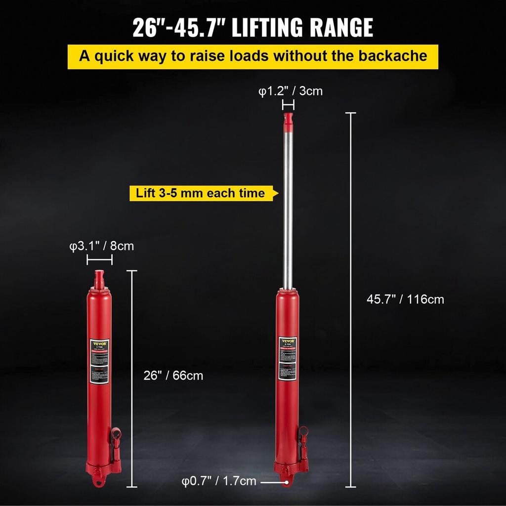 Hydraulic Long Ram Jack, 8 Tons/17363 lbs Capacity, with Single Piston Pump and Clevis Base, Manual Cherry Picker with Handle, for Garage/Shop Cranes,