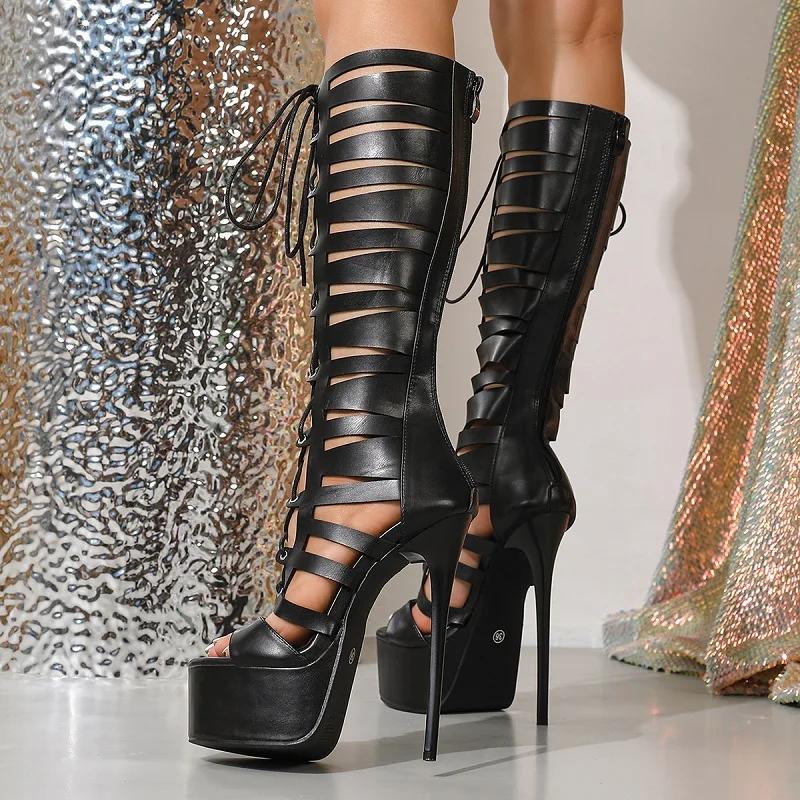 Eilyken Summer Gladiator Platform Hollow Out Peep Toe Woman Sandals Boots Fashion Lace-up Zipper Thin High Heels Shoes