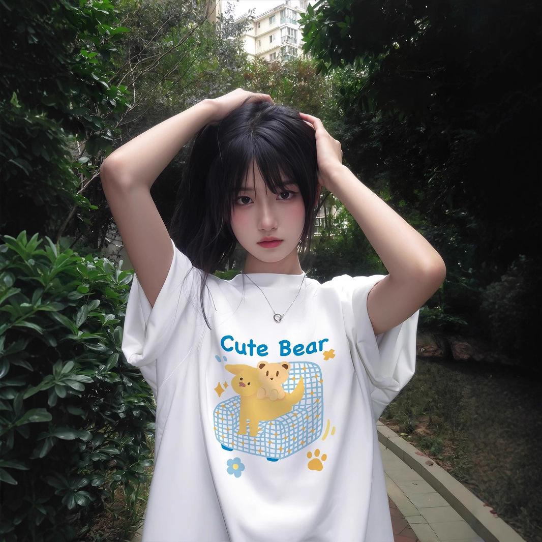 

Large size white short-sleeved t-shirt women s new popular summer pure cotton loose and thin Korean lazy style crew neck top m (recommended 40-52.5kg ) белый