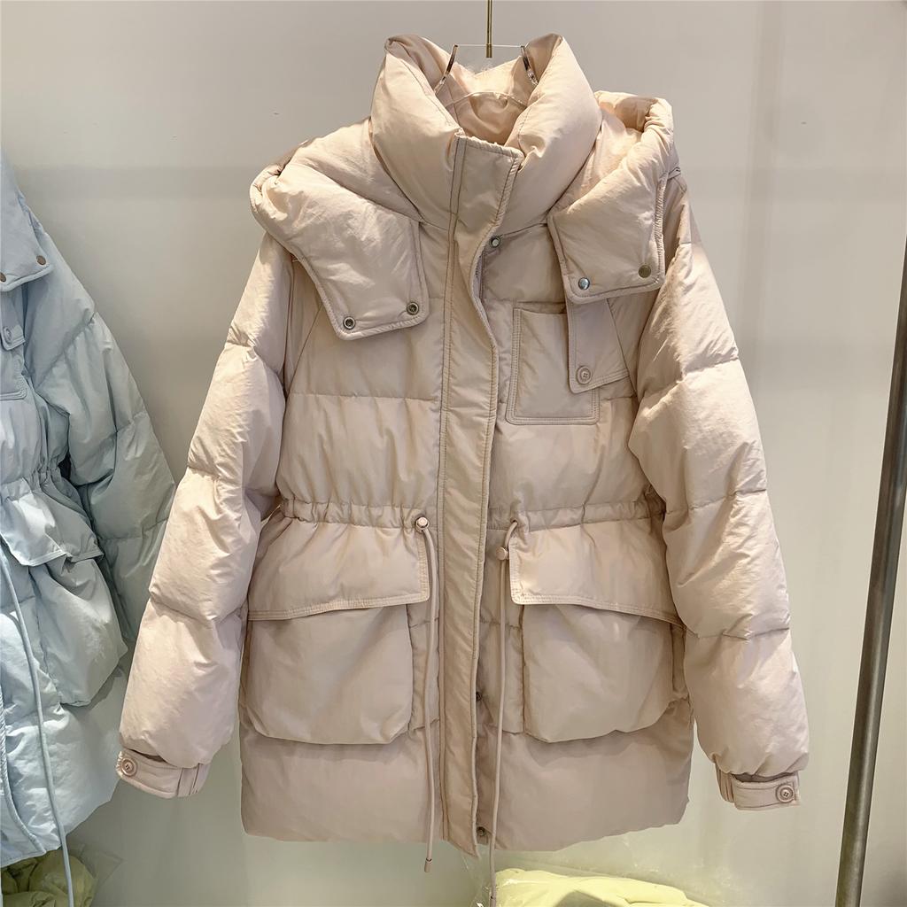 FASHION 2024 New Down  Women's Medium and Long Korean Edition Big Pocket Hooded Drawstring Waist Thick Women's  Winter Clothes