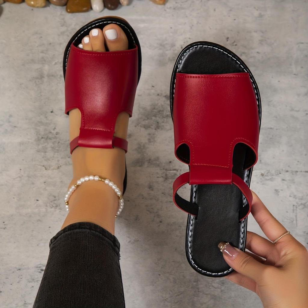 Ausgeschnittene Slide-Sandalen für Damen, trendige flache Slide-Sandalen aus Kunstleder, leichte Slip-On-Outdoor-Schuhe
