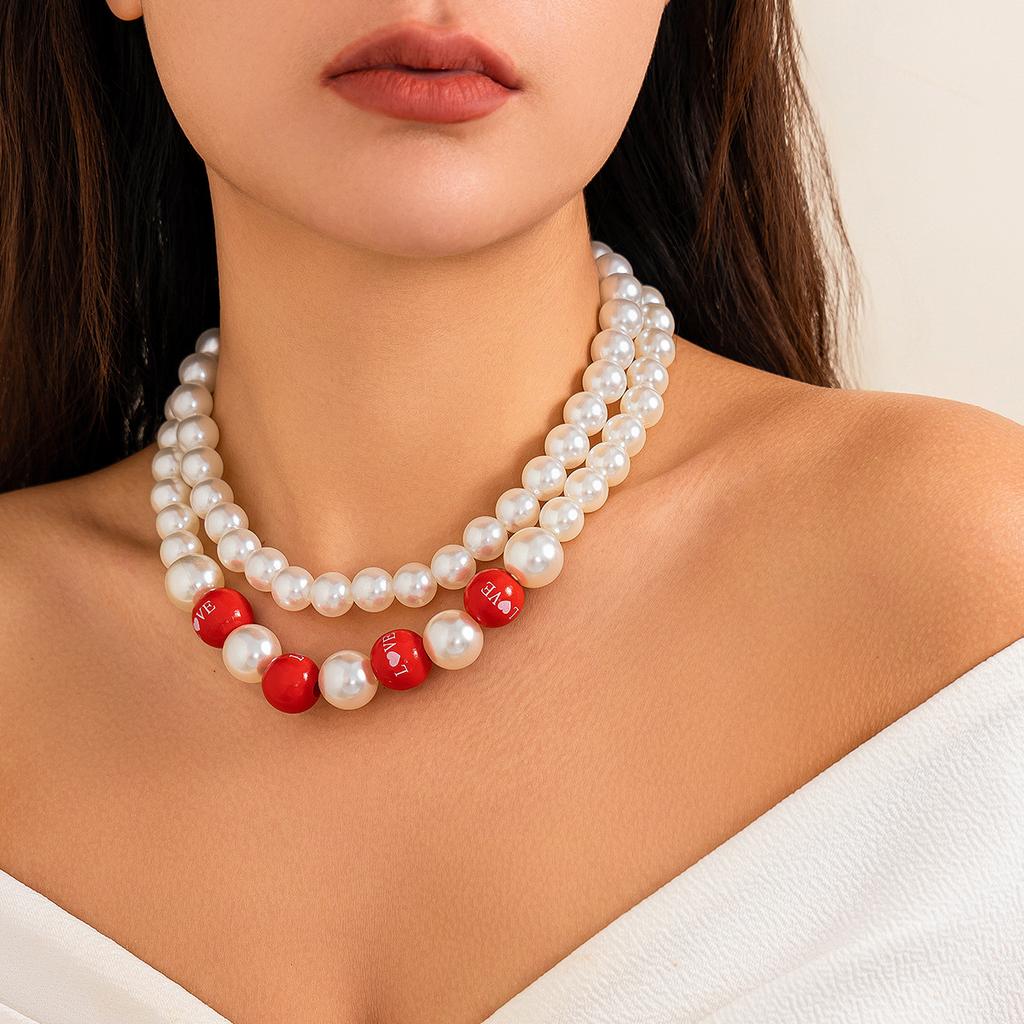 Green Element Necklace, Personalized Color Beaded Imitation Pearl Love Valentine'S Neck