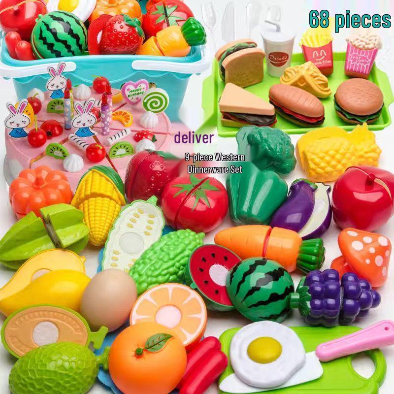 Kids' Pretend Play Kitchen Set: Fruit, Vegetables, Pizza, Cake Cutting Toy