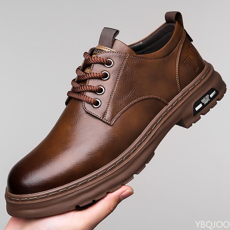 Retro New Men'S Leather Shoes Handmade Business Casual Workwear Men Shoes Solid Color Lace Up Soft Sole Breathable Sports Shoes