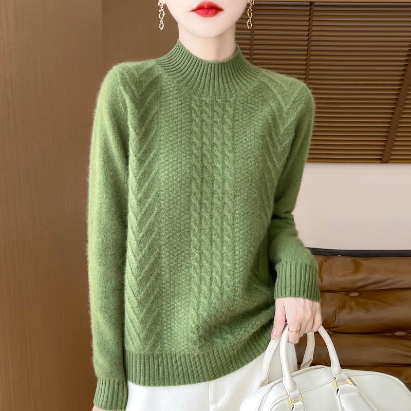 2024 Women's Thick Wool Cable Knit Half-High Neck Pullover Sweater for Autumn and Winter.