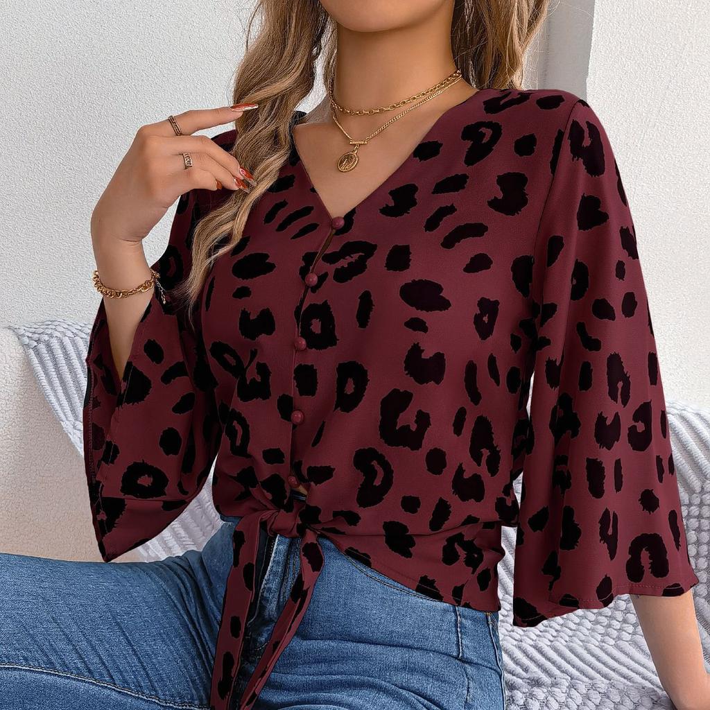 QICED Spring Summer Casual Leopard Print Tie Chiffon Top for Women