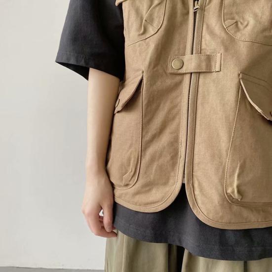 Unisex ležérní vesta bez rukávů s mnoha kapsami design vesta kabát zip knoflíky zapínání bunda cargo